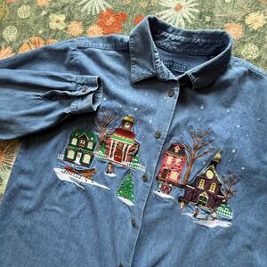 Karen Scott Vintage Christmas Embroidered Denim Shirt Blue Cotton Womens Large
